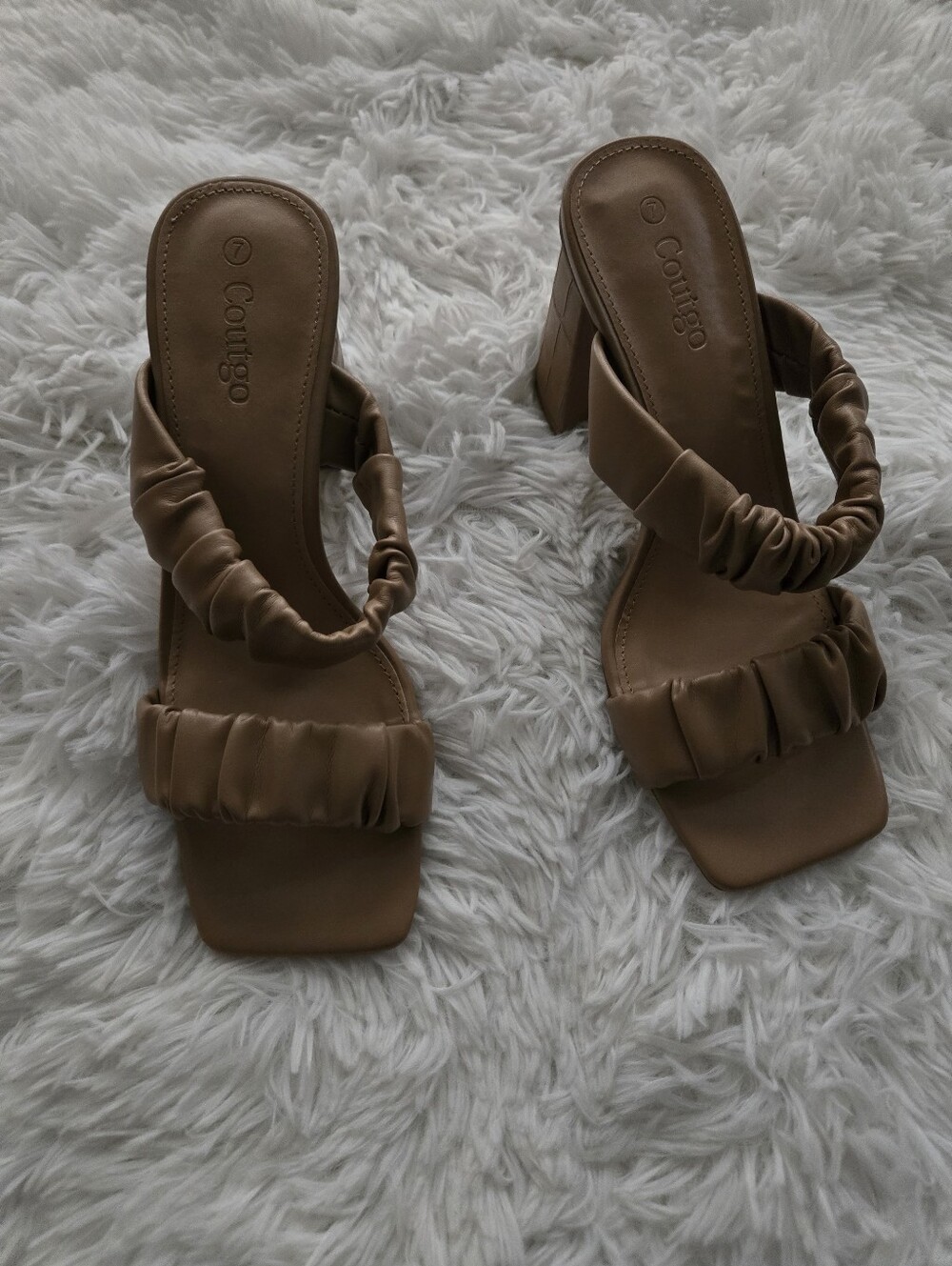 Contigo Tan Ruched Strap Block Heel Sandals